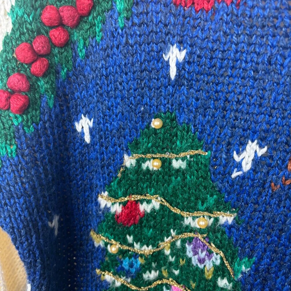Vintage L Nutcracker Ugly Christmas Sweater Ivory Knit Holiday Scene Tree Santa - Picture 3 of 5